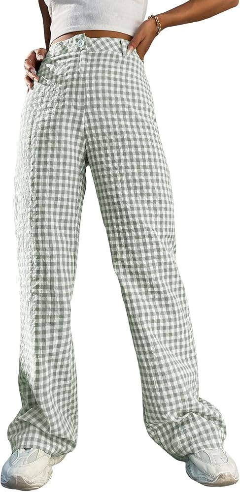 WDIRARA Women's Plaid High Waist Button Wide Leg Pants Gingham Trousers | Amazon (US)
