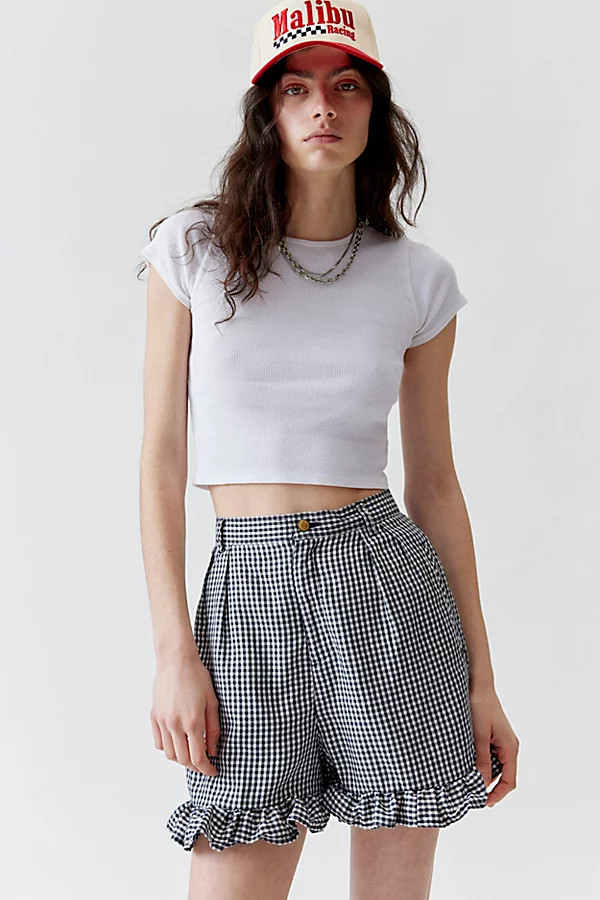 Urban Renewal Remade Checkered Ruffle Short in Neutral, Women's at Urban Outfitters | Urban Outfitters (US and RoW)