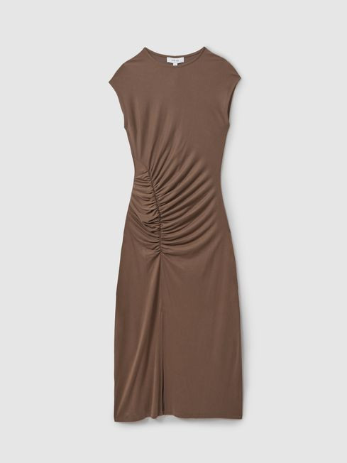 Ruche Front Capped Sleeve Jersey Midi Dress in Chocolate | Reiss US
