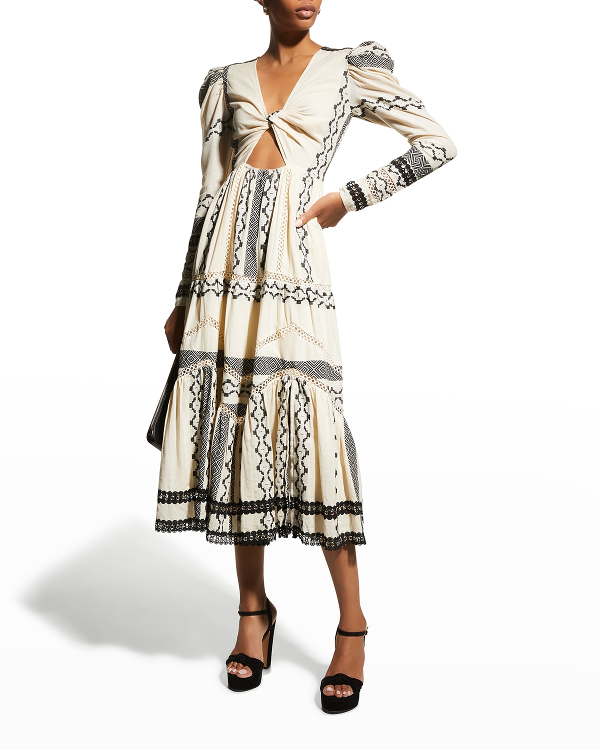 Geo-Print Twisted-Yoke Midi Dress w/ Lace | Neiman Marcus