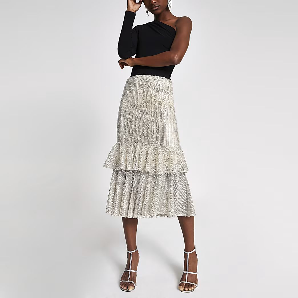 River Island Womens Silver sequin frill midi skirt | River Island (US)