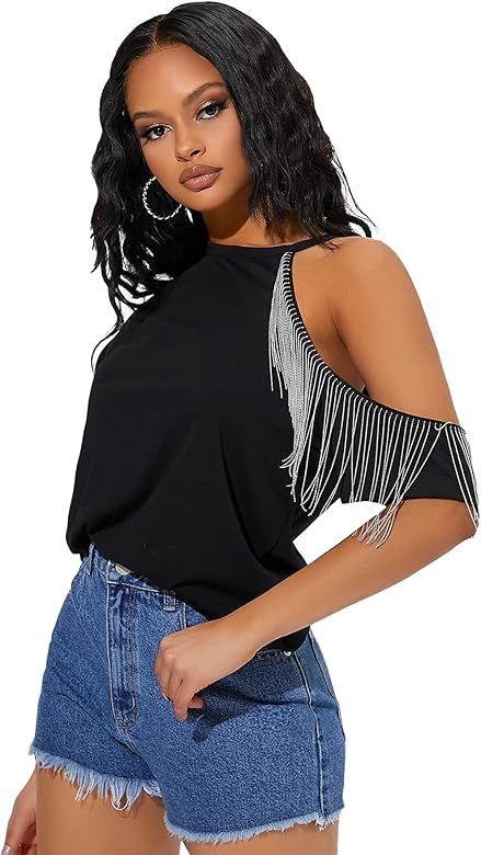SheIn Women's Cut Out T Shirt Short Sleeve Cold Shoulder Top Blouse | Amazon (US)