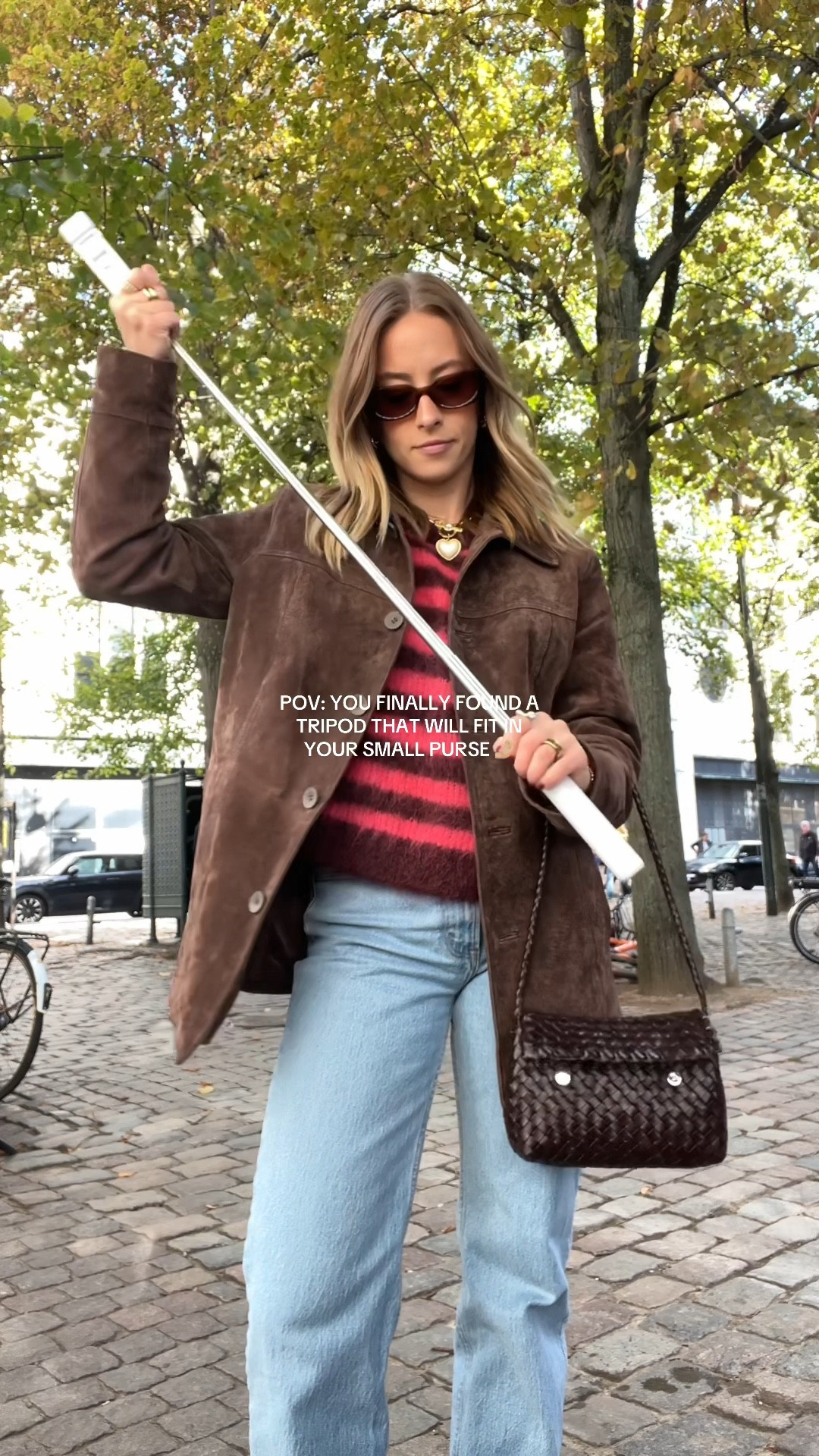 9/30/24 Copenhagen day 4 outfit 🫶🏼 fall fashion, suede jacket, brown suede jacket, brown purse, cuffed jeans, Abercrombie jeans, fall fashion 2024, fall outfit inspo, fall sweaters