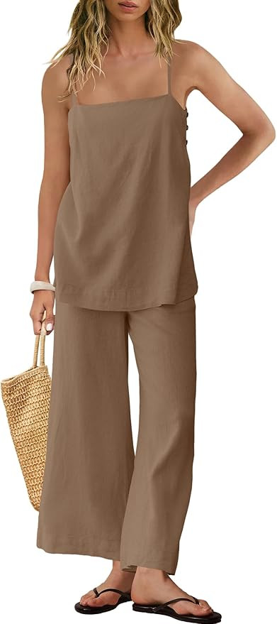 Panadila 2 Piece Linen Set Summer Travel Beach Vacation Outfit Sexy Spaghetti Strap Tank Top and ... | Amazon (US)