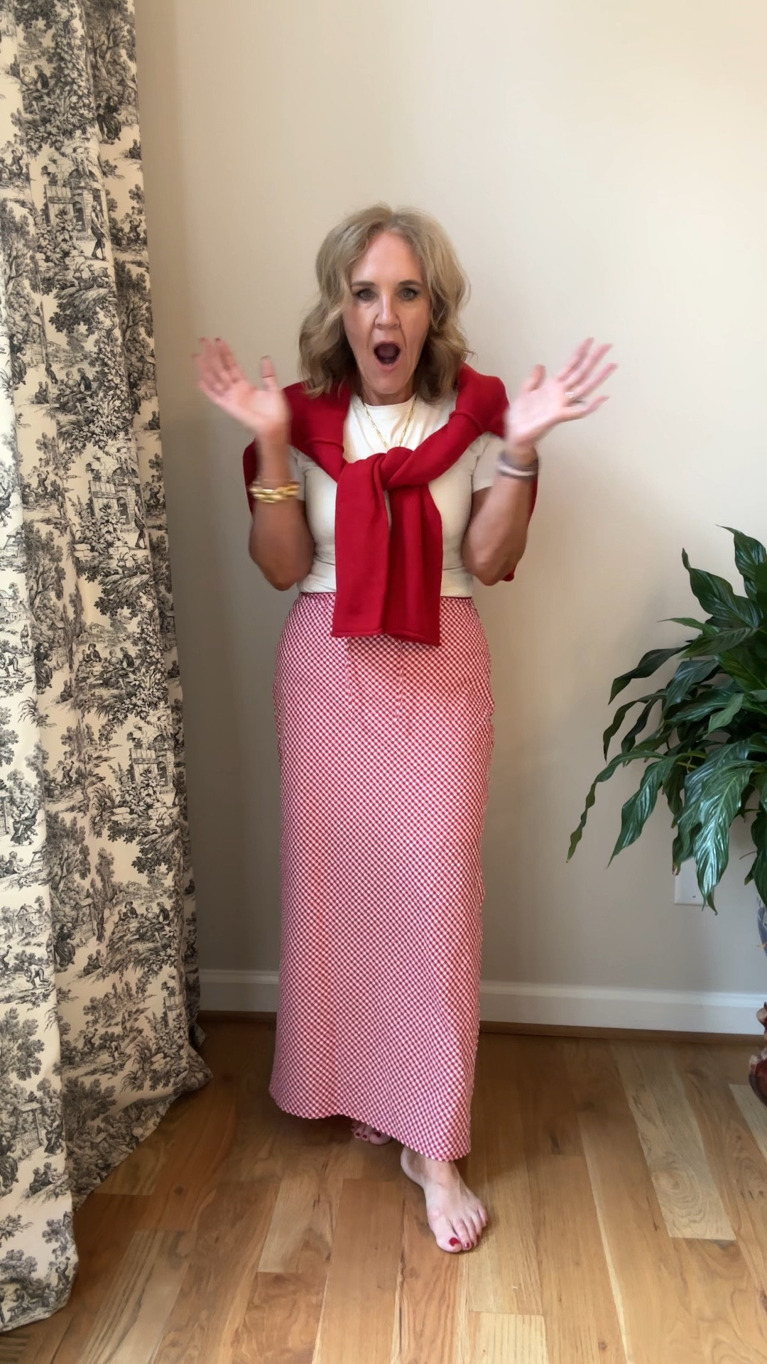 A red gingham slip skirt? Yes please I’m gonna wear this all summer long.
Fitted Tea in a really pretty light beige color from Lululemon I did size up to a large buttery soft 
Lobster sweater with a wide boatneck, I  sized up to a large for more like a tunic fit. And I love it. 

USA Americana lobster sweater target skirt, red gingham  skirt, slip skirt, Fourth of July outfit 

#LTKFindsUnder50 #LTKOver40 #LTKSeasonal