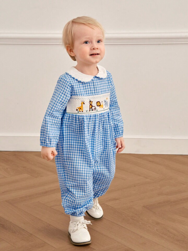 Souflis Baby Boys' French-Style Retro Elegant Cute Fun Animal Embroidery Romper With Peter Pan Co... | SHEIN