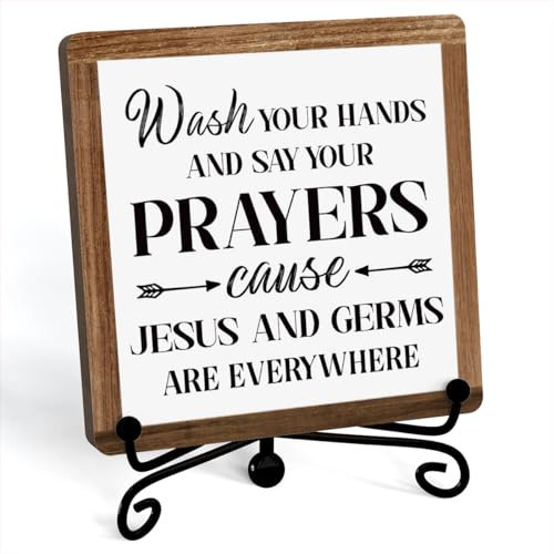 Funny Bathroom Sign - Wash Your Hands and Say Your Prayers Wooden Plaque With Stand, Rustic Restroom Art, Desk and Shelf Decor (A23) | Amazon (US)