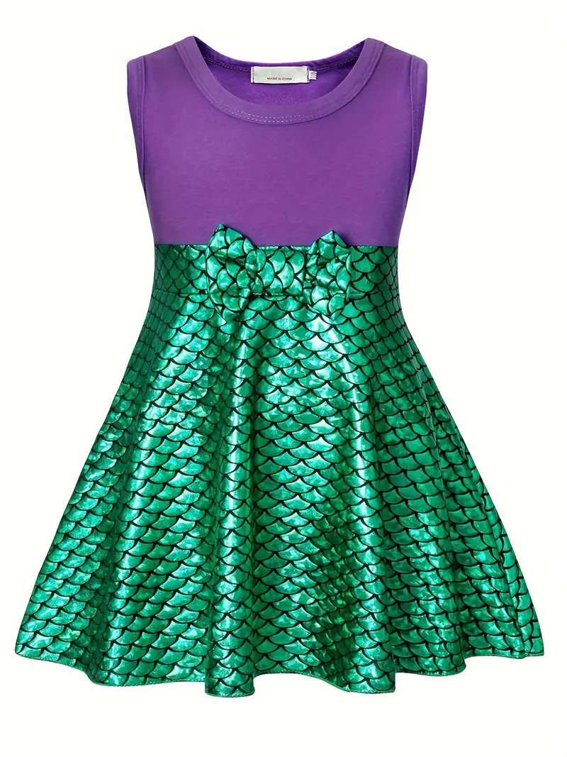 Girls Sweet Splicing Fish Scale Print Sleeveless Bow Decor - Temu | Temu Affiliate Program