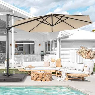 11 ft. Round Aluminum 360-Degree Rotation Cantilever Offset Outdoor Patio Umbrella with a Base in... | The Home Depot
