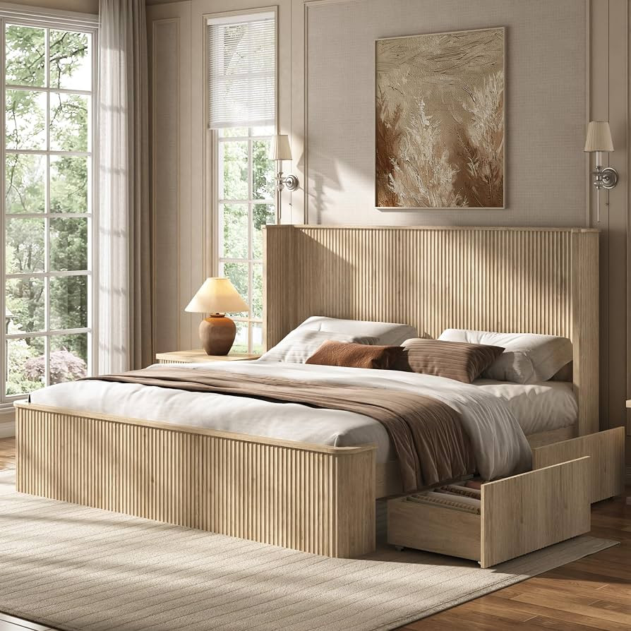 Fluted King Bed Frame, Tall Curved Headboard& Footboard, Natural Oak | Amazon (US)