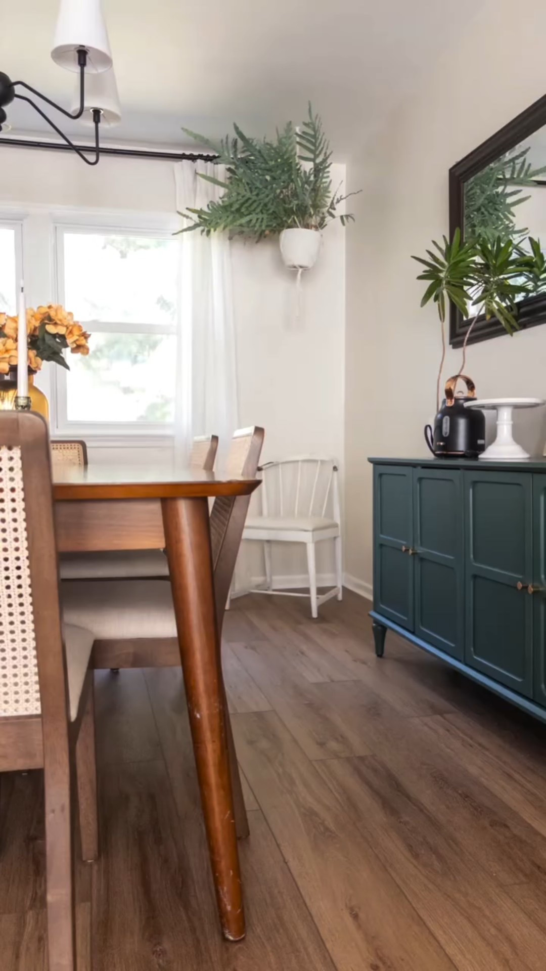 First room in the house that’s fully done and clean- the dining room! 
Our table traveled with us from our other house but we got new chairs and buffet for this space and I’m loving them 🤍🤍🤍
We’re almost ready to have you over for a latte but like I said, this is the first room done- the rest of the house is still a mess 😂 getting there little by little!
