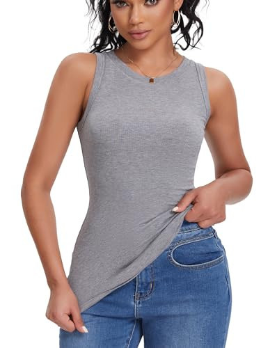 Grey Tank Tops for Women Ribbed Basic Trendy Stretchy Lightweight Summer Tops(Grey Small) | Amazon (US)