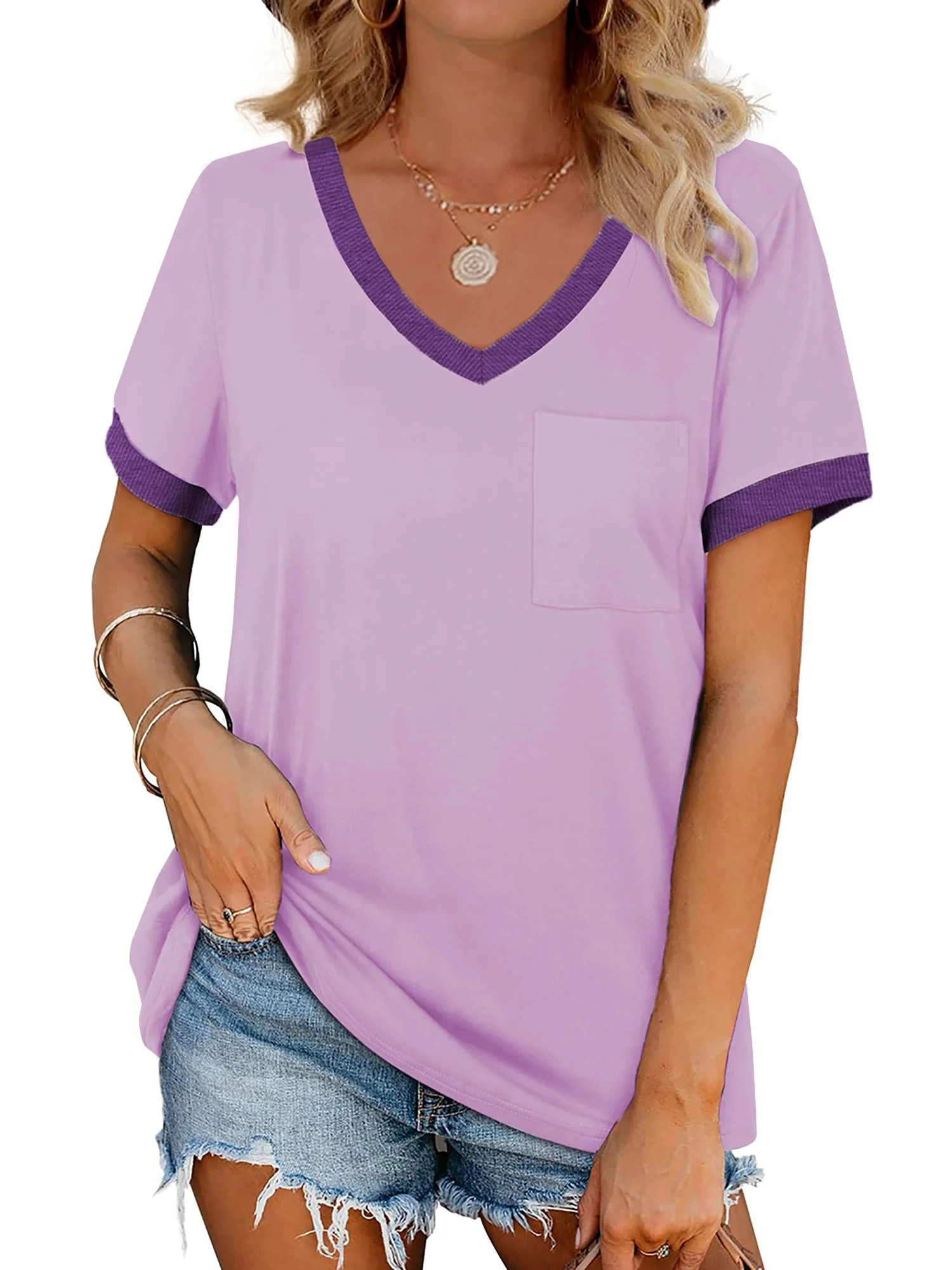 MOSHU V-Neck Women T Shirts Short Sleeve Loose Summer Tops for Women with Pocket | Walmart (US)