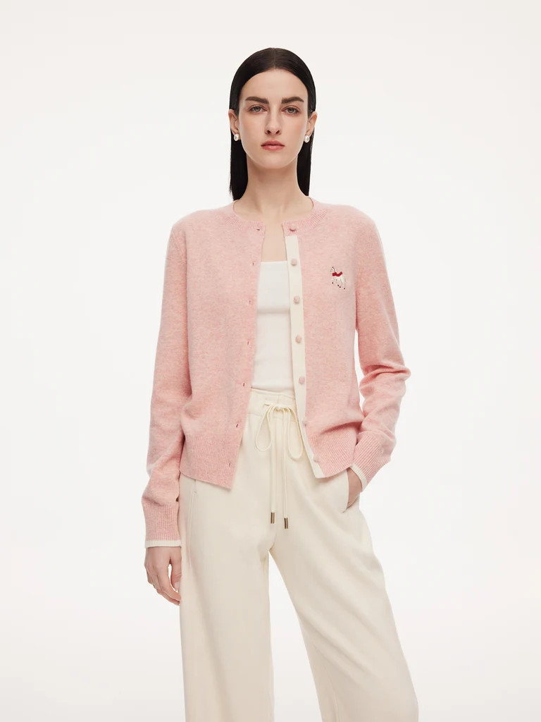 100% Wool Color Block Pony Embroidered Women Cardigan | GOELIA