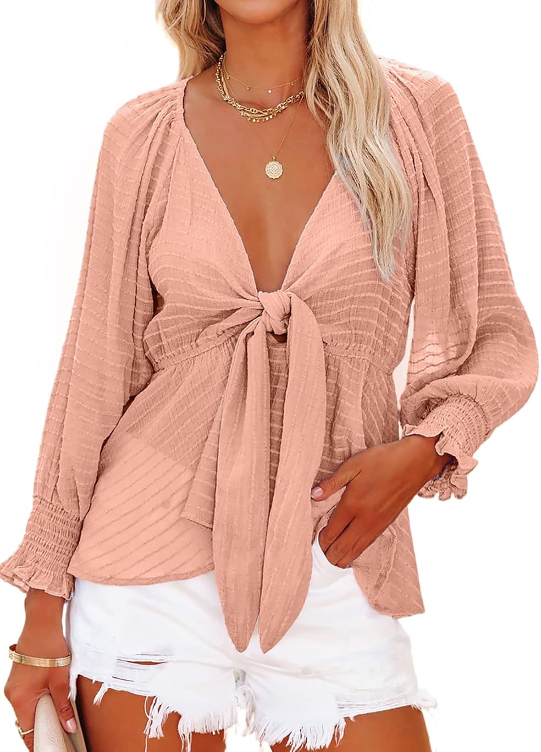 Dokotoo Womens Summer Tops Deep V Neck Front Tie Knot Long Sleeve Shirts Babydoll Blouses | Amazon (US)