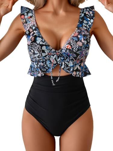 Eomenie One Piece Swimsuit for Women Tummy Control Ruffle Bathing Suit V Neck Ruched Swim Suit Sl... | Amazon (US)