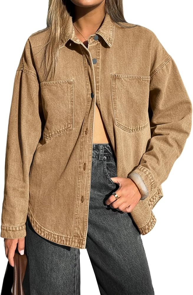 EMMIOL Women Denim Shirts Oversized Long Sleeve Button Down Blouse Distresse Jean Jacket Fall Out... | Amazon (US)