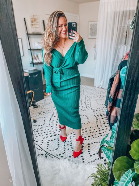 Outfit inspo- holiday outfit- cocktail dress- holiday dress- wrap dress- midi dress- heels- bow heels- holiday heels- red heels- green dress- long sleeve dress- date night outfit- 

#LTKHoliday #LTKstyletip #LTKSeasonal