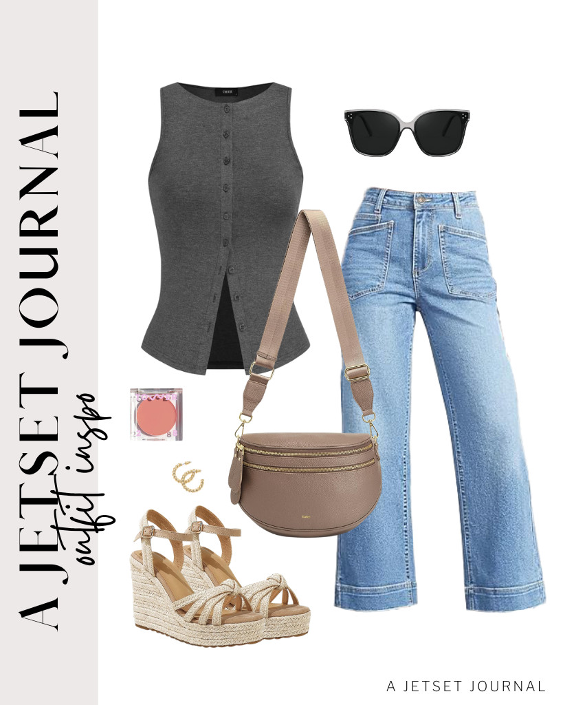A dark gray CIDER tank top goes well with Cicy Bell's cropped wide-leg jeans, too. To style this outfit, you can wear these mikarka sandals and carry your Kattee crossbody bag. These PAVOI twisted round hoop earrings match this fit.

#LTKSeasonal #LTKSaleAlert #LTKTravel
 

 