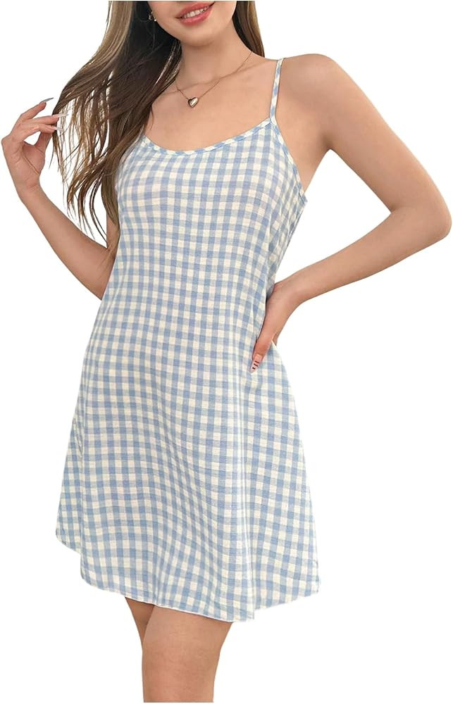 SweatyRocks Women's Plaid Sleeveless Sleep Dress Spaghetti Strap Soft Cami Nightgown Loungewear | Amazon (US)