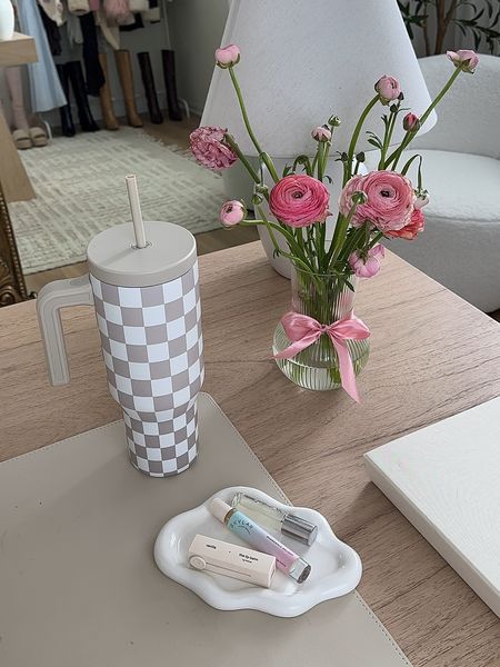 desk set up ✨ 

tags: neutral desk setup, cream, beige, home office, checkered tumbler, water bottle, rollerball perfumes