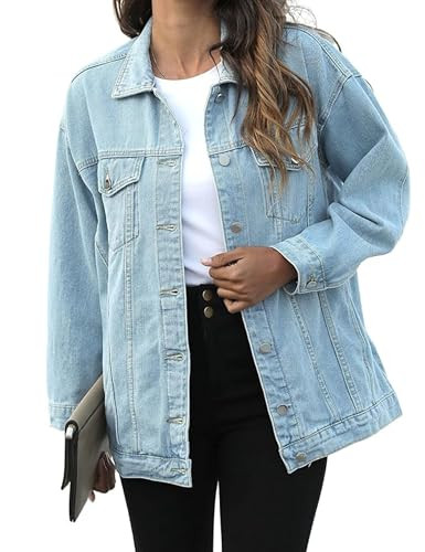 PUWEI Women's Oversized Denim Jacket Distressed Lapel Button Up Long Sleeve Jean Jacket with Pock... | Amazon (US)