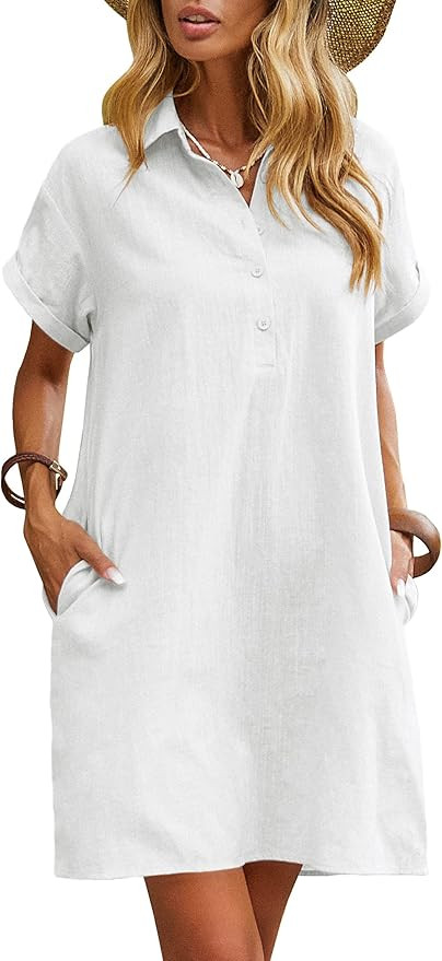 Zeagoo Womens Cotton Shirt Dress Summer Casual Short Sleeve Button Down Beach Cover Up Shirts wit... | Amazon (US)