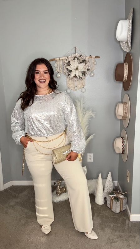 Holiday party outfit 🎁🥂✨ Mixed metal, sequin top, trousers, ballet flats, gold belt and clutch 
Top: XL 
Pants: XXL 
#midsizeoutfits #plussizeoutfits #curvystyle #founditonamazon #ootn #holidayparty #sequin #trousers #accesories #eveningbag #balletflats 

#LTKstyletip #LTKplussize #LTKHoliday