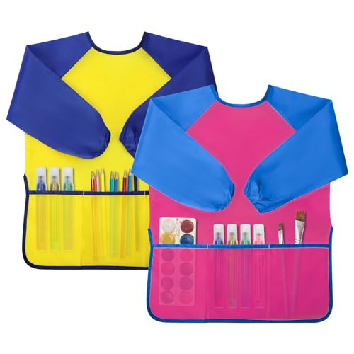 Yeunmu Kids Painting Apron 2 Pack, Waterproof Toddler Art Smock, Artist Smock for Kids Age 2-8 with Long Sleeve and 3 Pockets | Amazon (US)