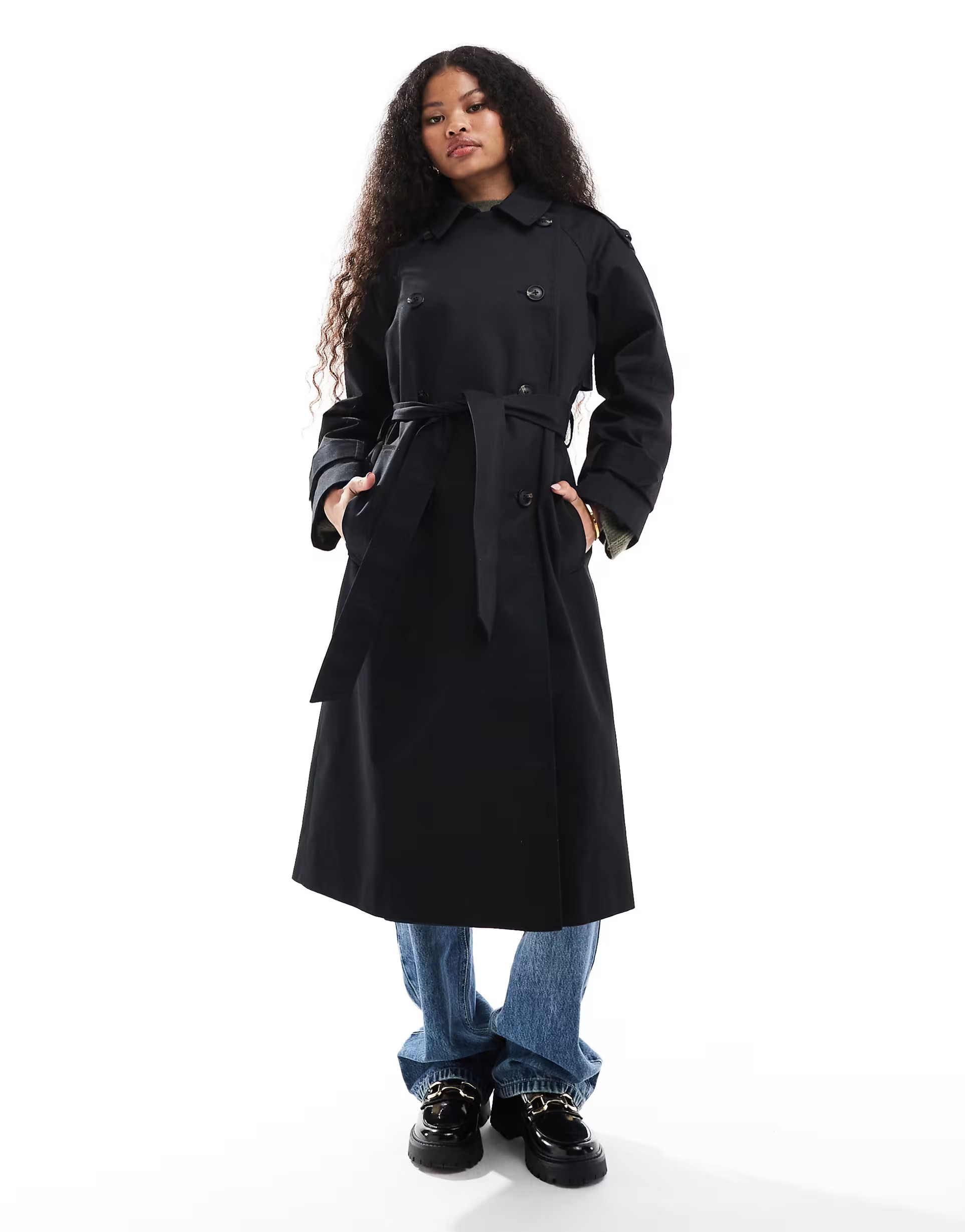 ASOS DESIGN Petite longline trench coat in black | ASOS (Global)