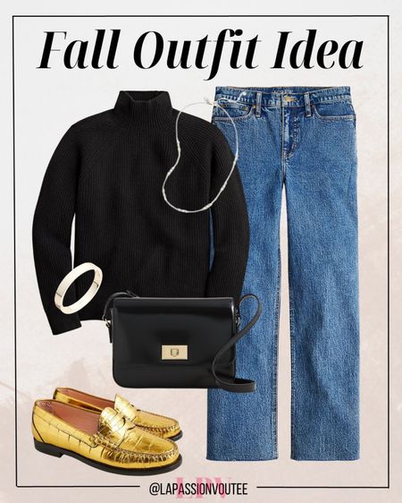 Fall outfit idea for women 🍂❤️ This turtleneck black sweater is a must-have for this season! Pair with versatile jeans plus a touch of gold loafers for a chic look! 😍

#LTKSeasonal #LTKstyletip #LTKworkwear