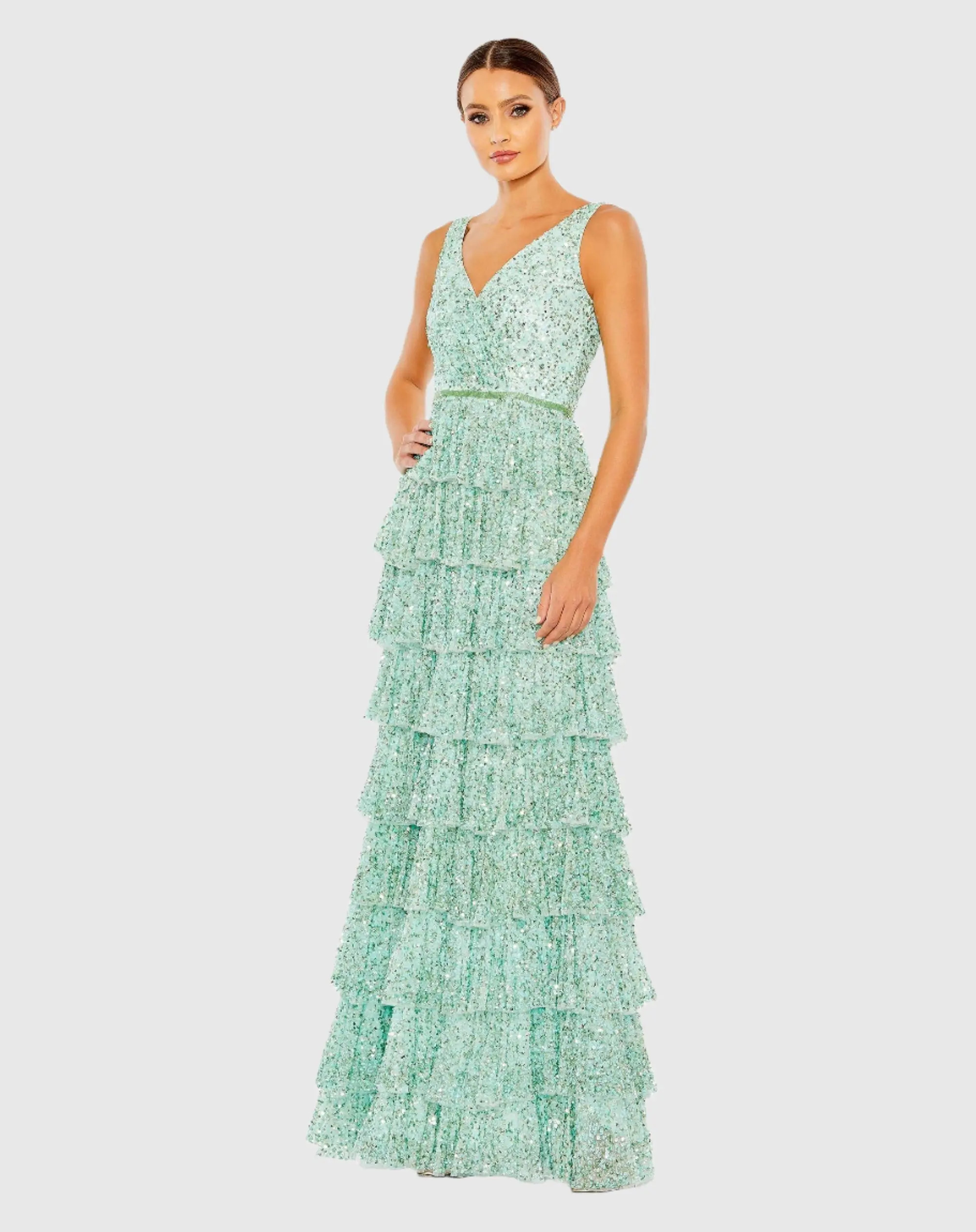 Green Ruffle Tiered Sleeveless Sequin Gown | Mac Duggal | Mac Duggal