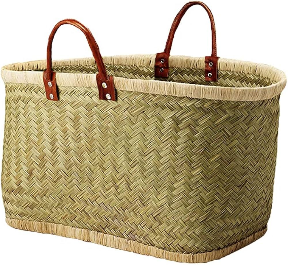 Serene Spaces Living Small Handmade Straw Tote Paired with Leather Handles, Raffia Lined Handbag,... | Amazon (US)