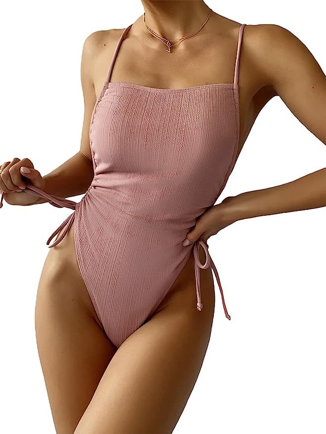 SheIn Women's One Piece Swimwear Drawstring Tie Side Wireless Bathing Suits Monokini | Amazon (US)