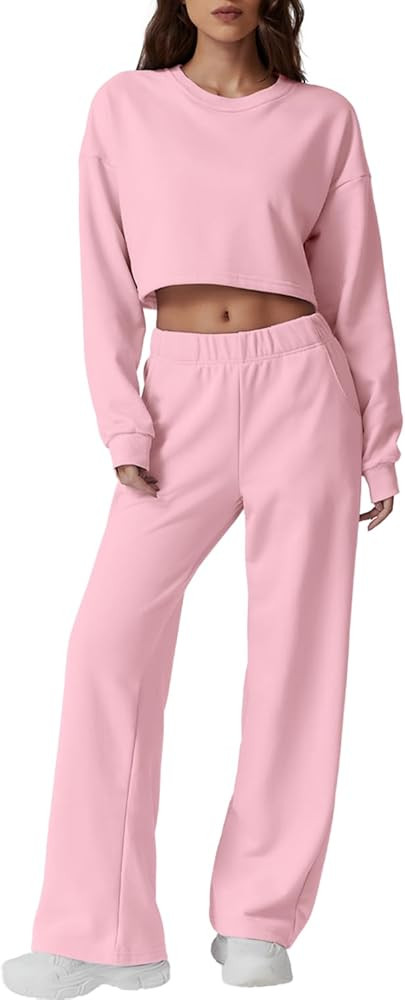 QINSEN Womens Crewneck Open Back Long Sleeve Crop Sweatsuit Elastic Waist Long Pants 2PCS Outfit ... | Amazon (US)