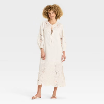 Women's Long Sleeve Eyelet Caftan A-Line Dress - Future Collective Cream | Target