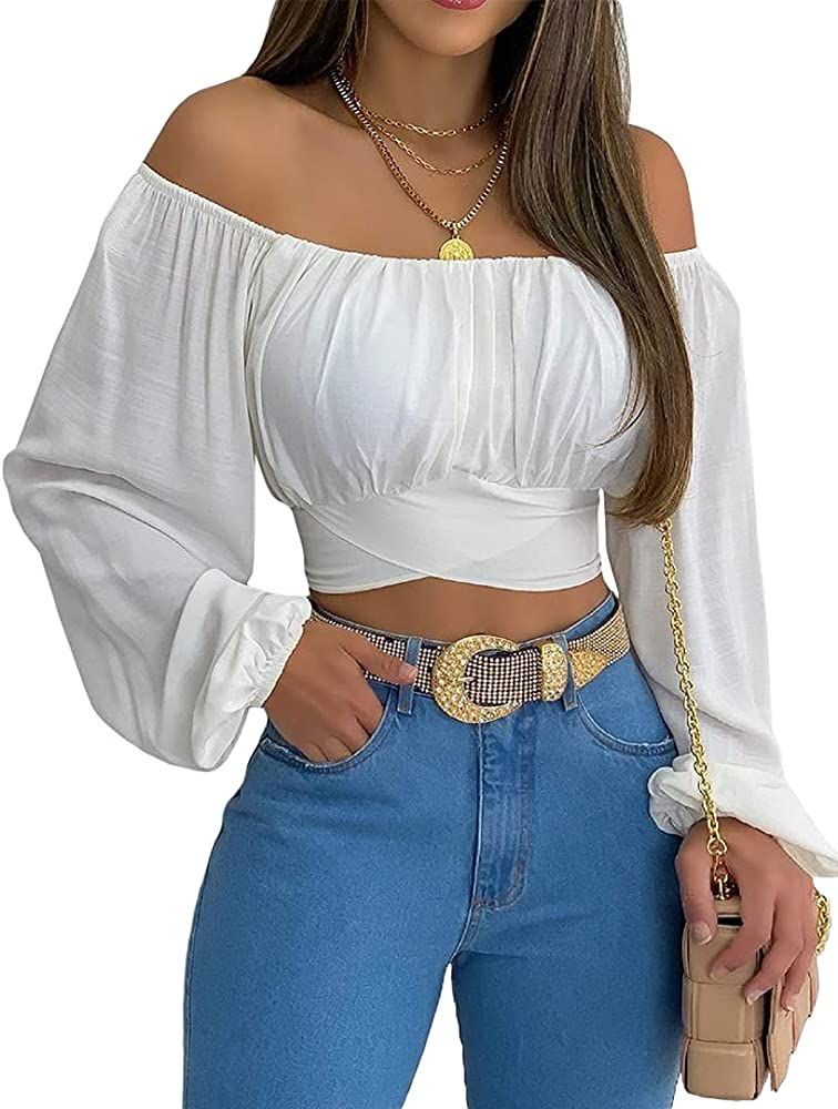 MIRACMODA Woman Off Shoulder Ruched Tie Back Lantern Sleeve Crop Top Summer Rib Blouse | Amazon (US)