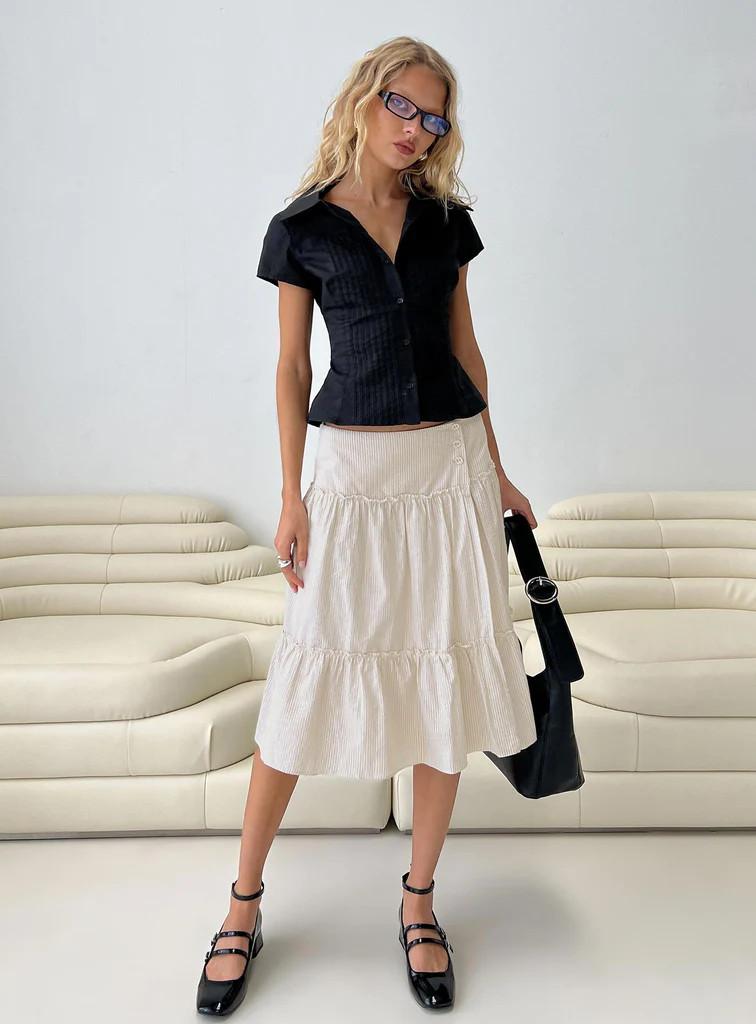 Cascades Low Rise Midi Skirt Beige / White Stripe | Princess Polly US