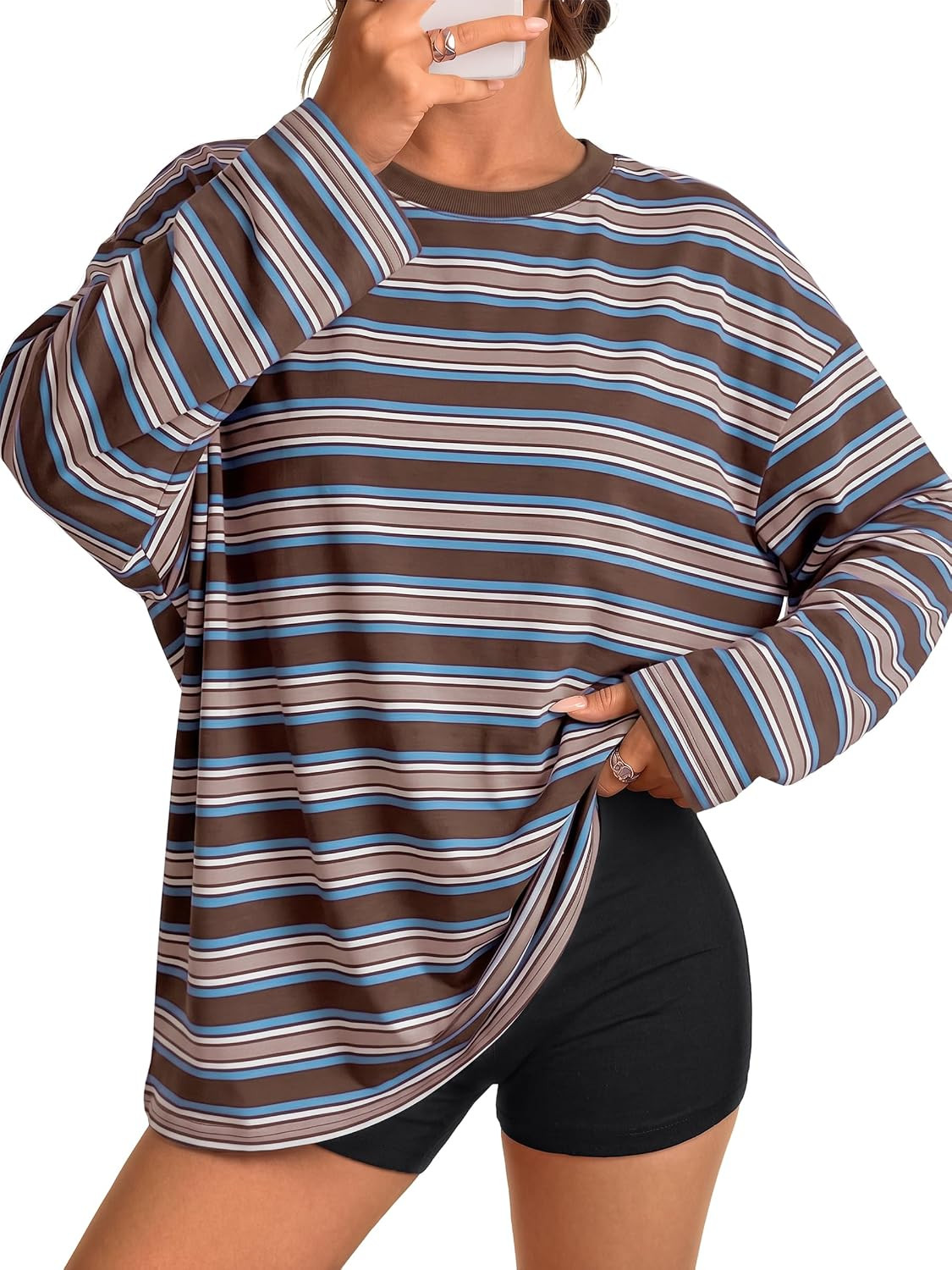 Trendy Queen Women's Striped Oversized Long Sleeve Shirt Tops | Amazon (US)