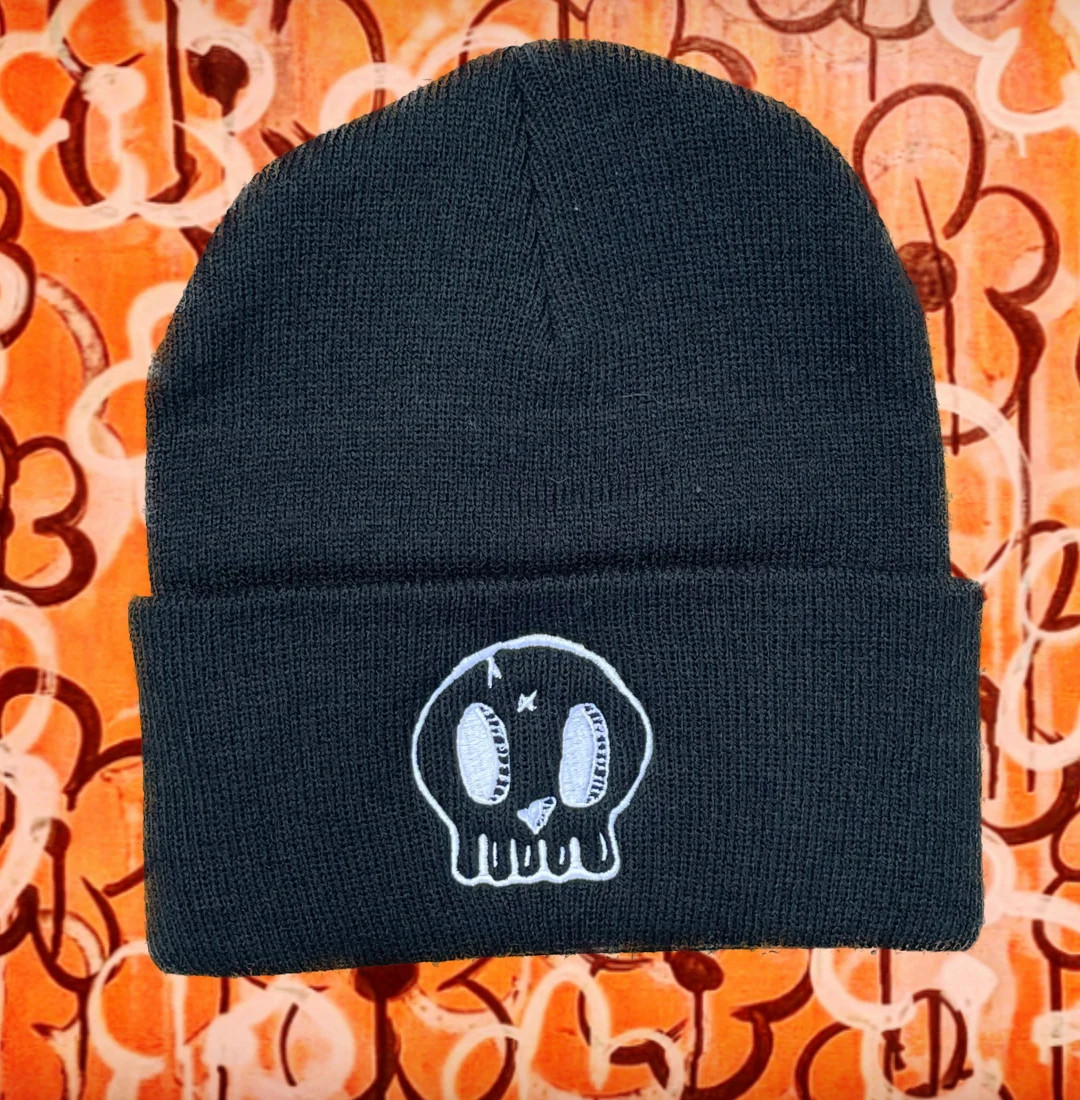 Skull Beanie Black With White Skull Embroidered - Etsy | Etsy (US)