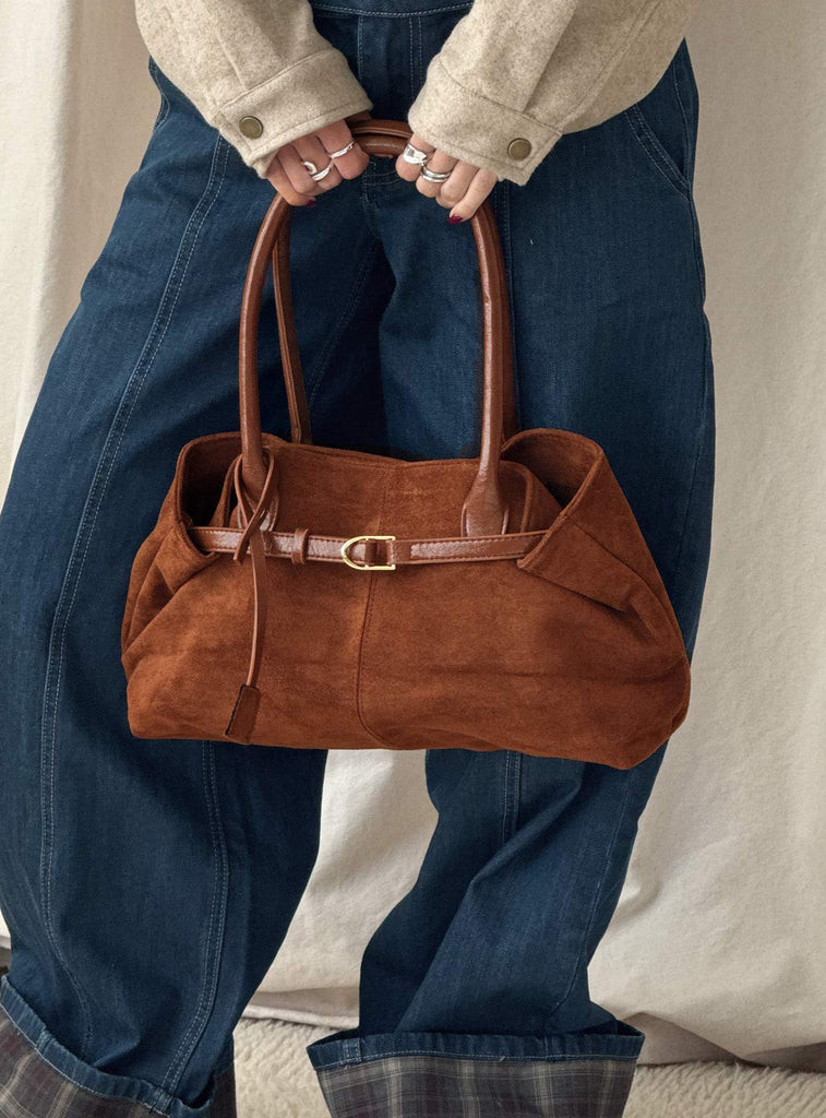 Yearning Faux Suede Buckle Detail Shoulder Bag Brown | Princess Polly US