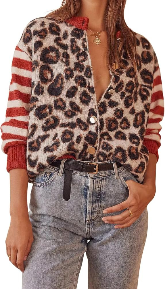 ebossy Women's Fashion Striped Sweaters Color Block Leopard Print Button Down Long Sleeve Slouchy... | Amazon (US)