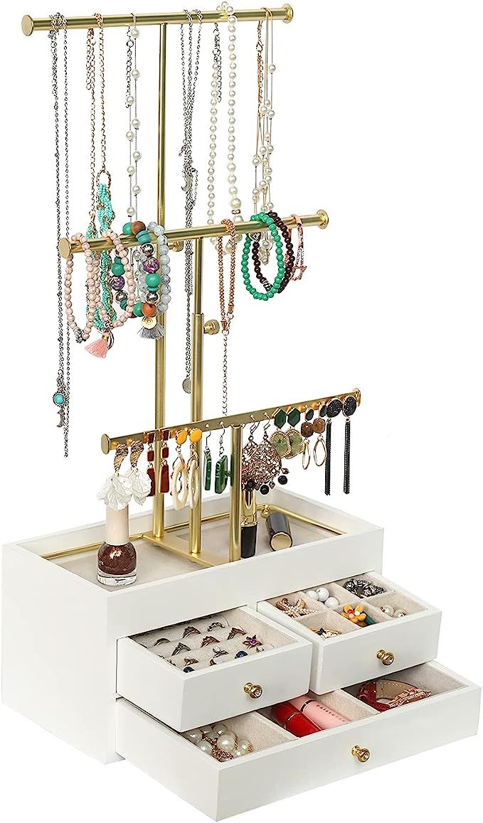 X-cosrack Jewelry Tree Stand Organizer 3 Tier Metal Jewelry Holder Stand with Wood Basic Storage ... | Amazon (US)