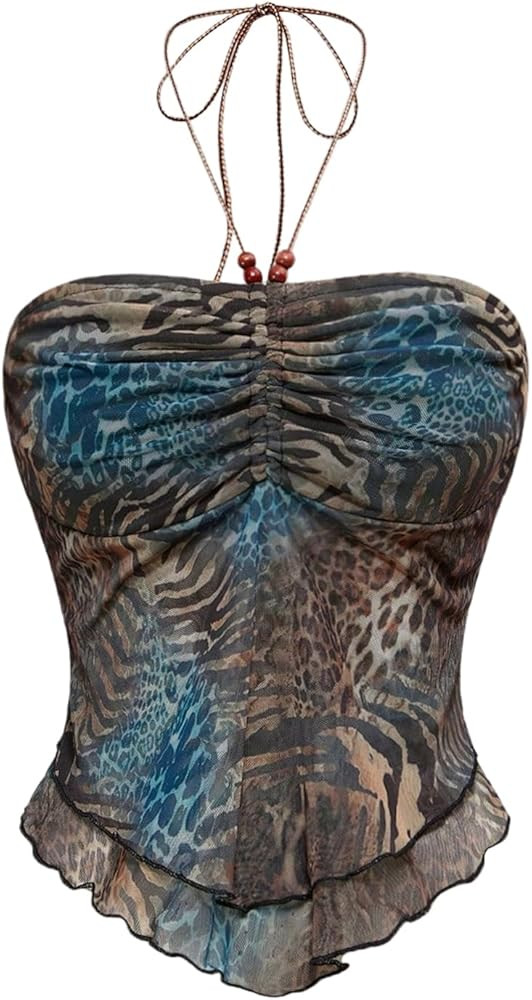 WDIRARA Women's Boho Print Ruched Sleeveless Halter Top Summer Asymmetrical Hem Tank Top | Amazon (US)