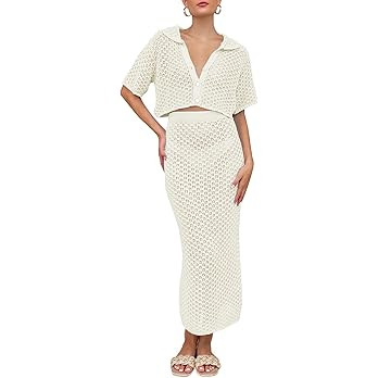 Saodimallsu Women Crochet Beach Cover Up Set Knit Crop Button Short Sleeve Collar Top Bodycon Lon... | Amazon (US)