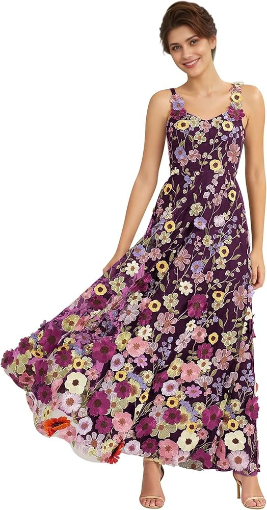3D Floral Embroidery Prom Dresses for Women Long Spaghetti Straps Flower Applique Tulle Formal Go... | Amazon (US)