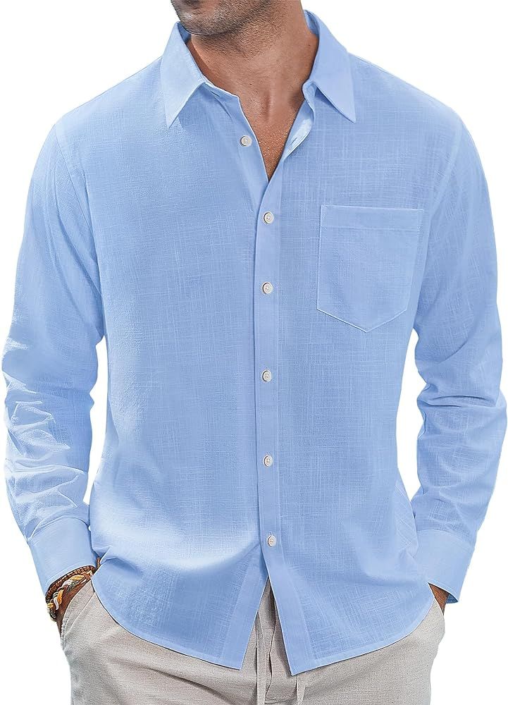 J.VER Men's Linen Shirts Casual Button Down Long Sleeve Shirt Solid Spread Collar Summer Beach Sh... | Amazon (US)