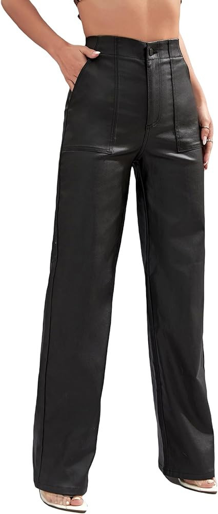 MakeMeChic Women's Casual High Waist PU Leather Straight Leg Jeans Denim Pants | Amazon (US)