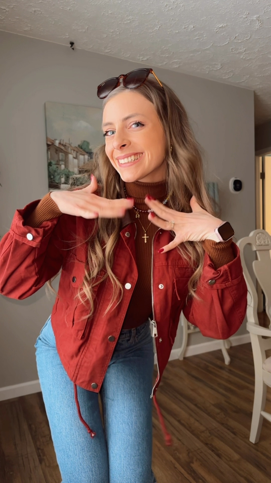 OOTD 2/18/25

Red barn coat jacket, chore coat, cropped structured jacket, ray ban tortoiseshell sunglasses, chunky colorful beads necklace, initial necklace, dainty cross pendant necklace, chocolate brown ribbed knit turtleneck, red burgundy maroon zip-up jacket, brown leather collar, long bootcut flare jeans, Abercrombie denim, high rise curve love jeans, square toe ankle boots, leather burgundy boots