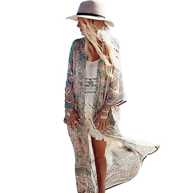 Women's Summer Blouse Loose Kimono Floral Print Cardigan Chiffon Beachwear Dress | Amazon (US)